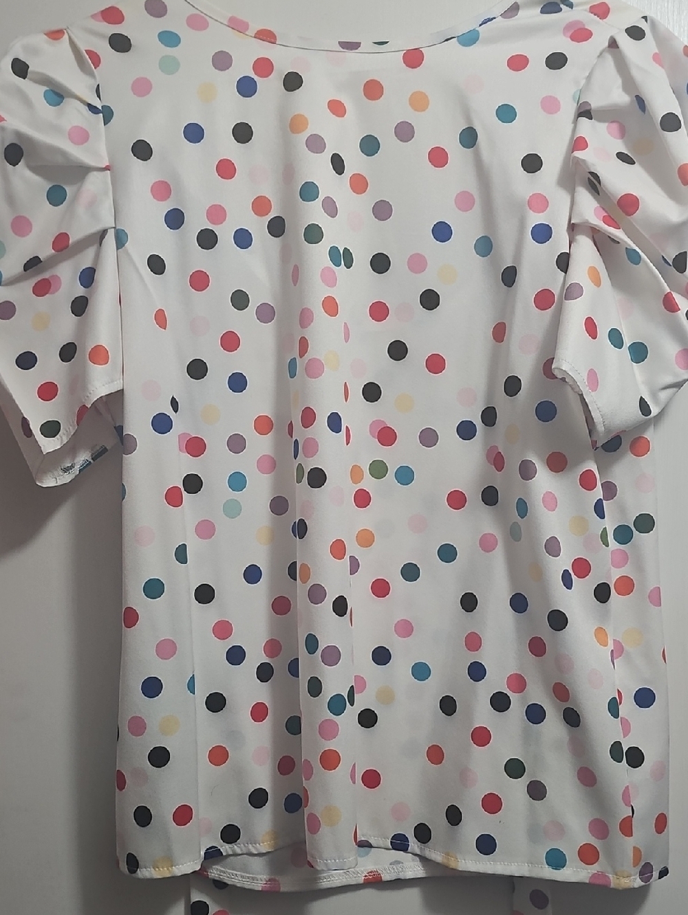 SHEIN White Polka Dot Puff Sleeve Blouse with Multicolor Dots